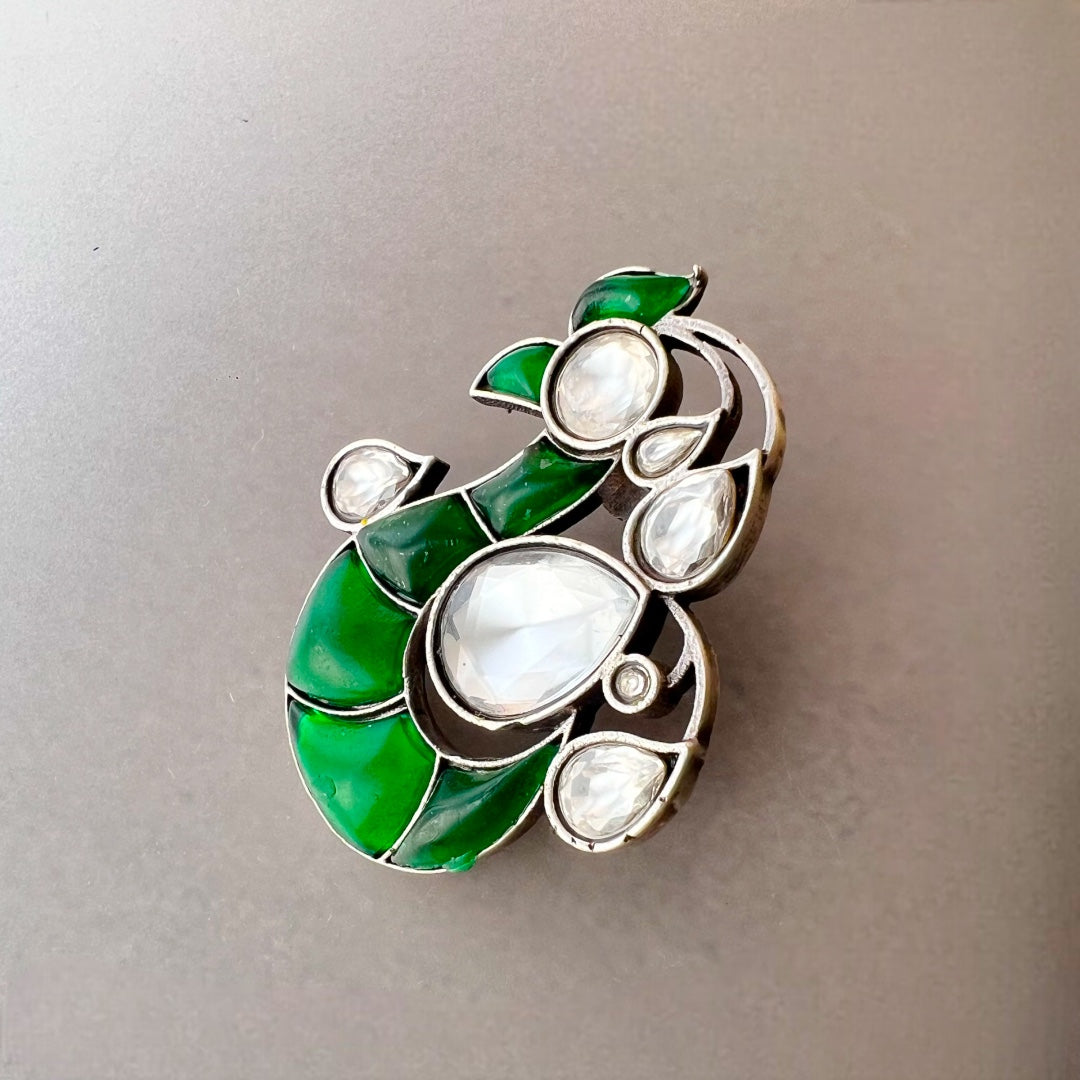 PEACOCK FLORAL FEATHER SILVER LOOK ALIKE SEMI HANDMADE STUDS ER520