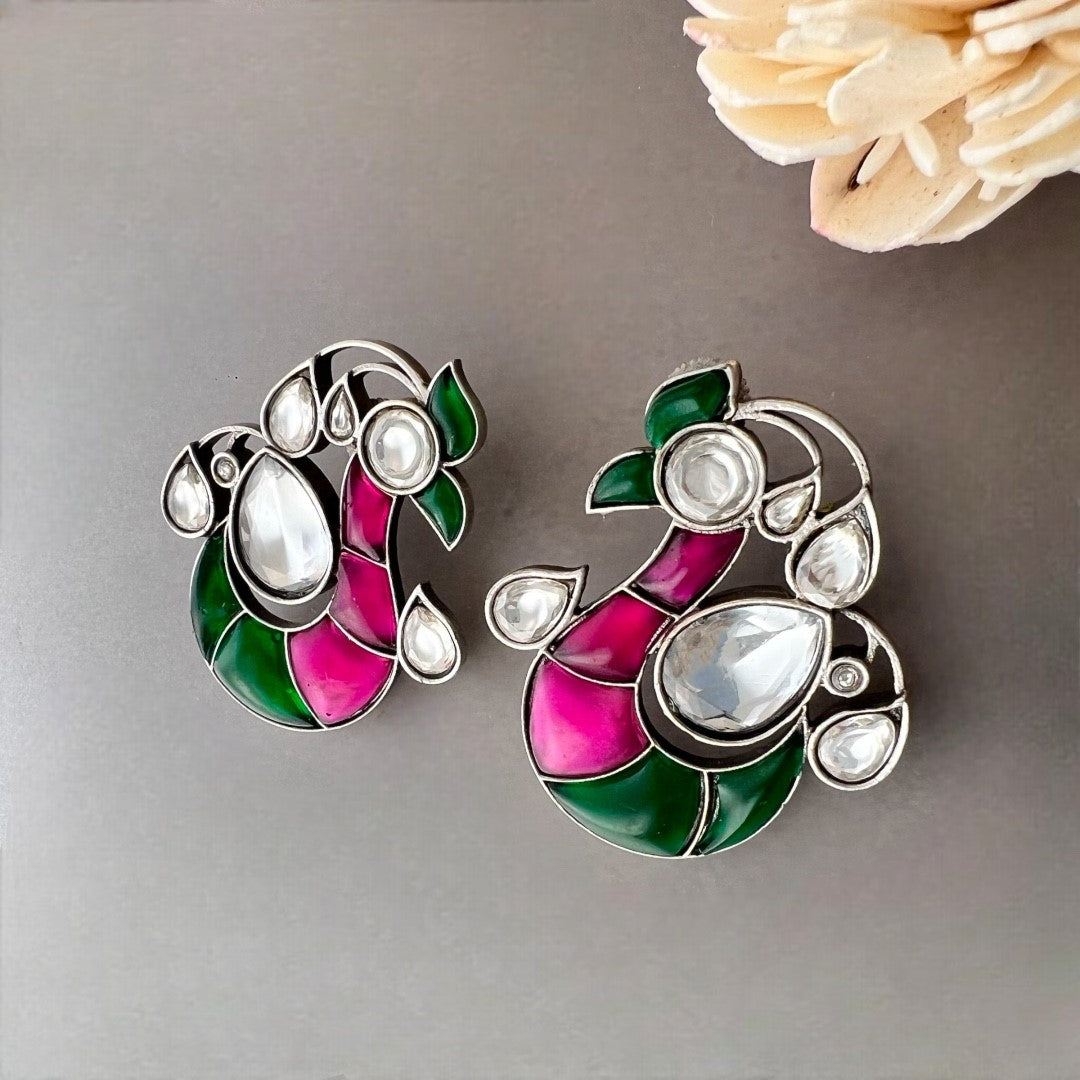 PEACOCK FLORAL FEATHER SILVER LOOK ALIKE SEMI HANDMADE STUDS ER520