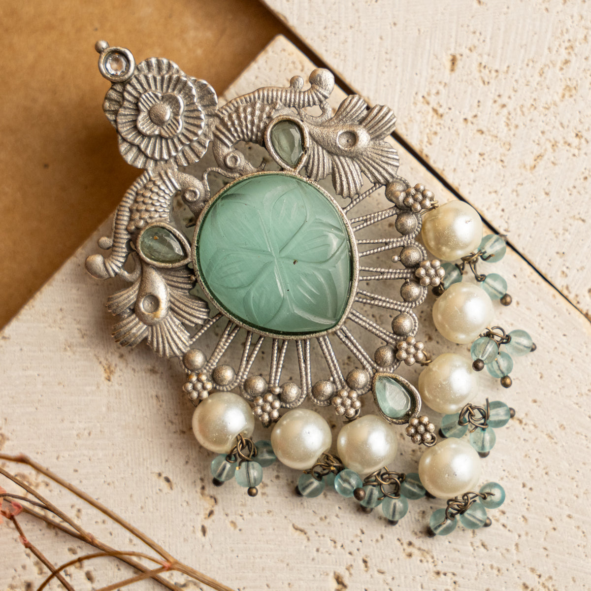 VIOLET FAUX SILVER CARVING STONE SEMI HANDMADE EARRINGS ER711