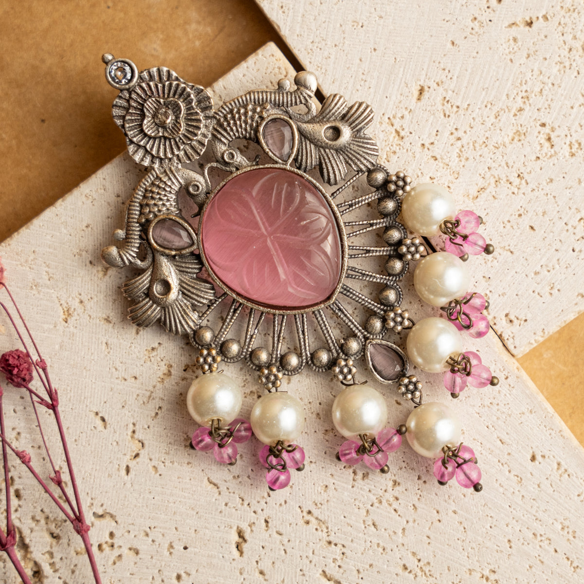 VIOLET FAUX SILVER CARVING STONE SEMI HANDMADE EARRINGS ER711