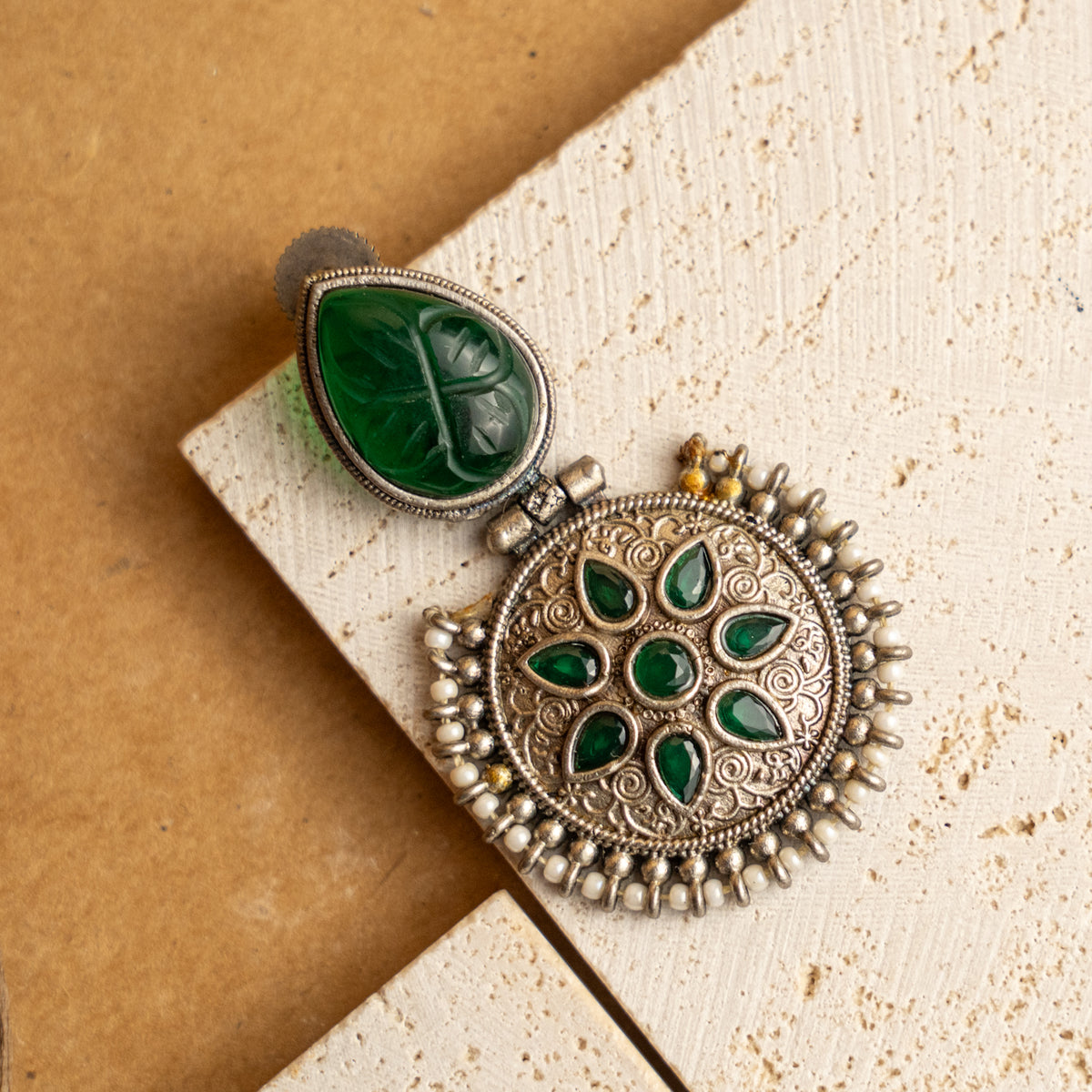 HAZAL FAUX SILVER RAW AND RUSTIC CARVING STONE SEMI HANDMADE EARRINGS ER707