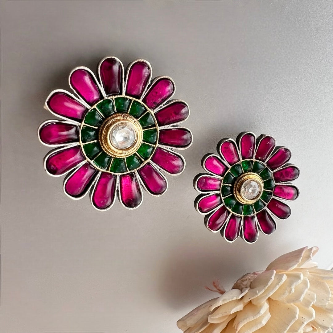 BELLA FLORAL SILVER LOOK ALIKE SEMI HANDMADE STUDS ER525