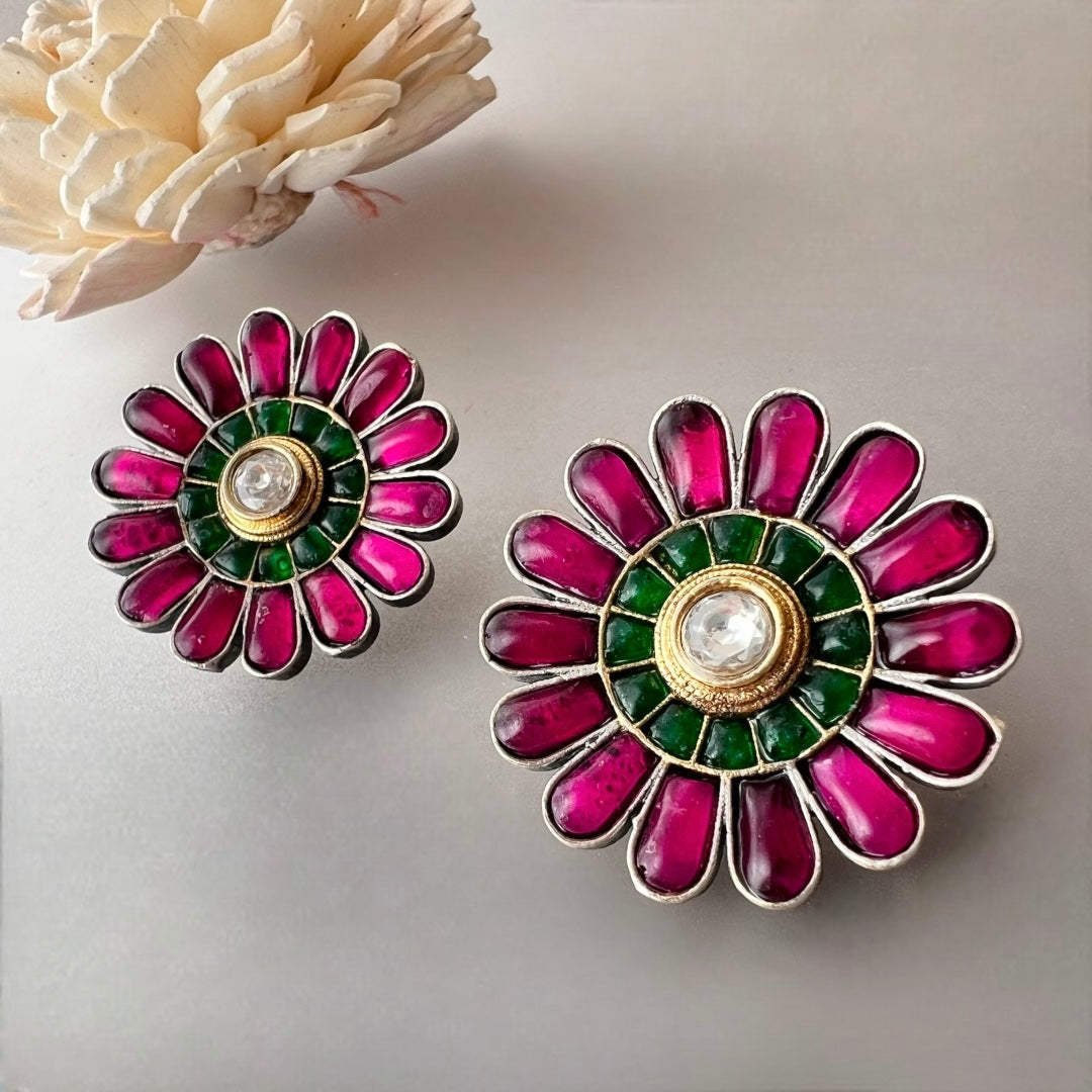 BELLA FLORAL SILVER LOOK ALIKE SEMI HANDMADE STUDS ER525