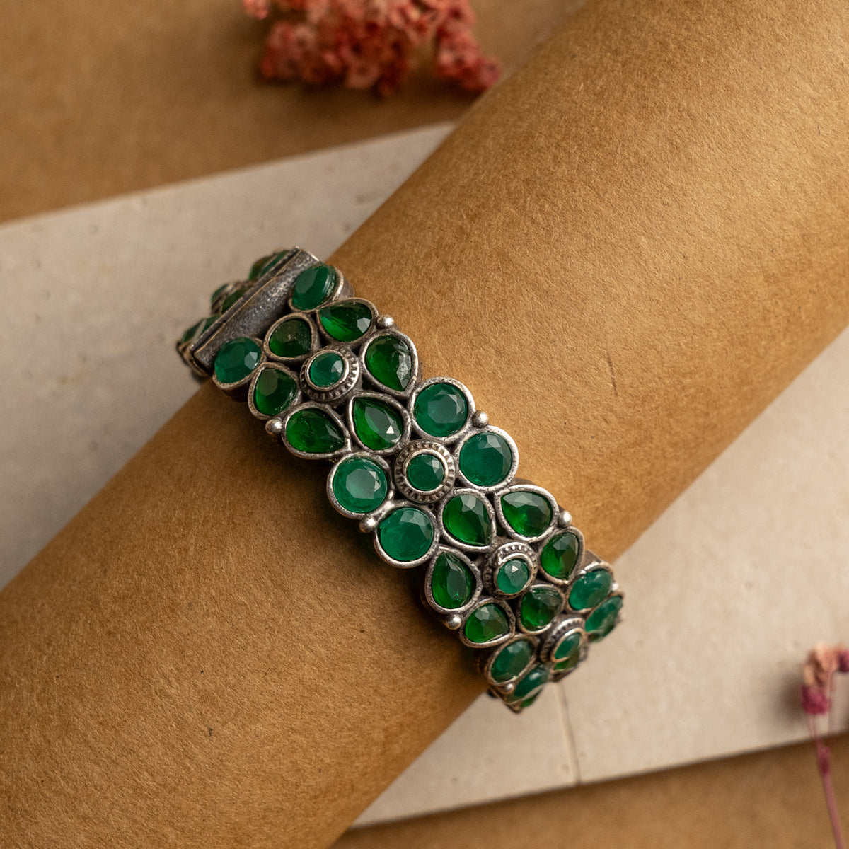 ANIKA GREEN SEMI HANDMADE SILVER TONED FAUX SILVER CLASSIC BRACELET/BANGLES/KADA BR65