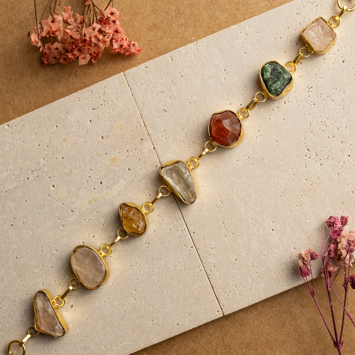 HIRANYA HAND HAMMERED AND HANDMADE GOLD TONED RAW STONE CLASSIC BRACELET BR27