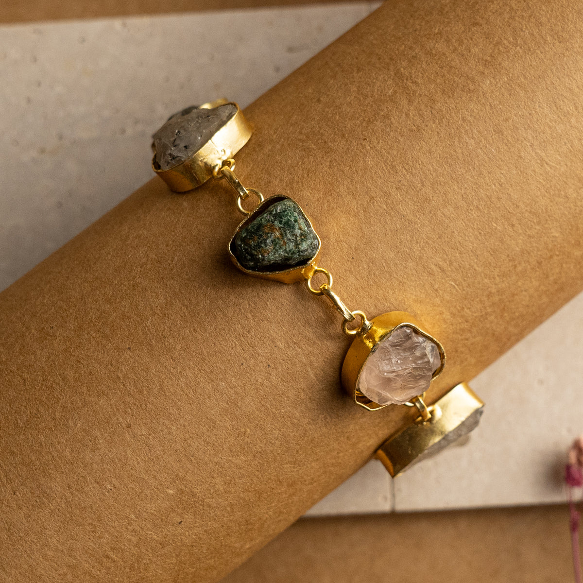 KRITHASHANA HAND HAMMERED AND HANDMADE GOLD TONED RAW STONE CLASSIC BRACELET BR30