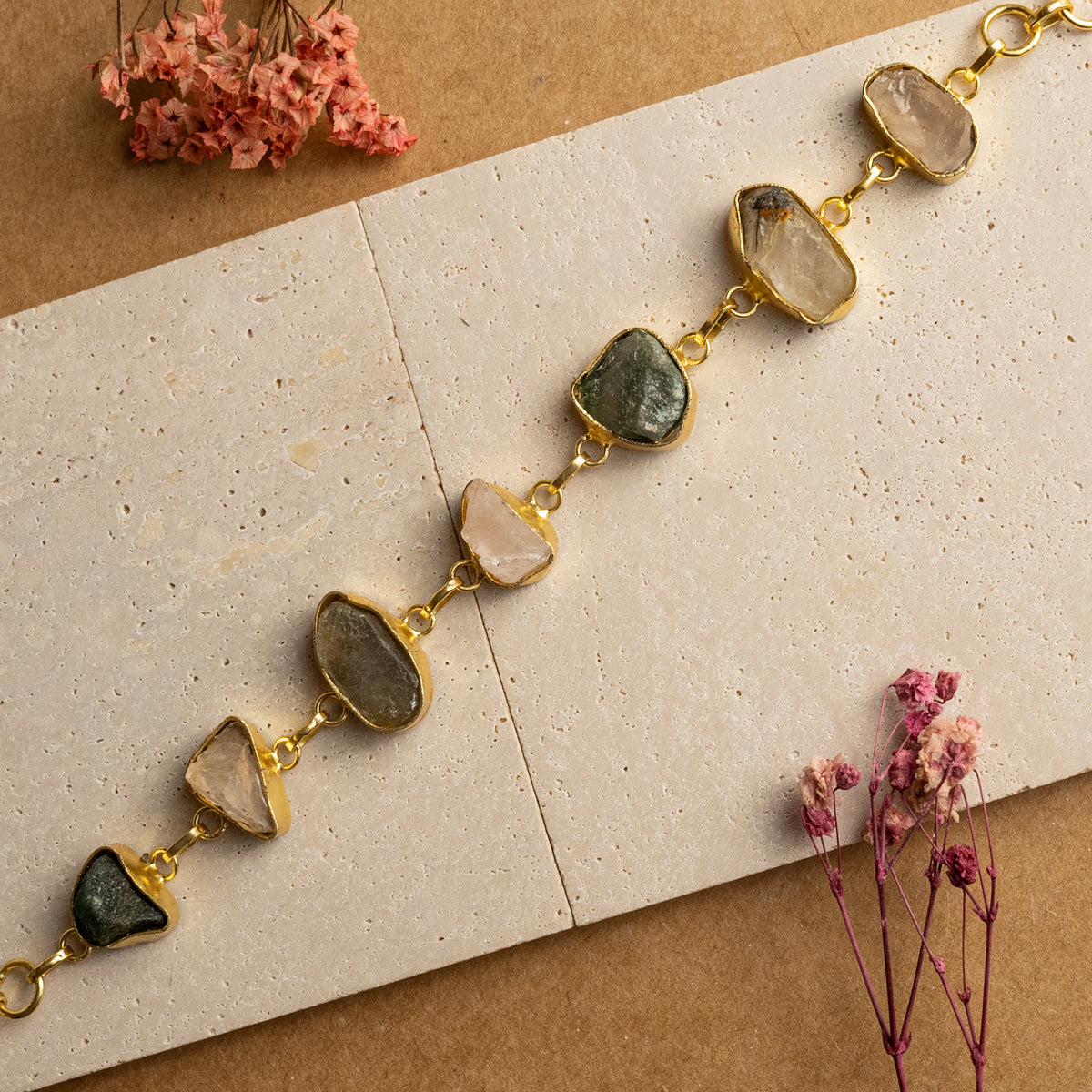 MIRALA HAND HAMMERED AND HANDMADE GOLD TONED RAW STONE CLASSIC BRACELET BR29