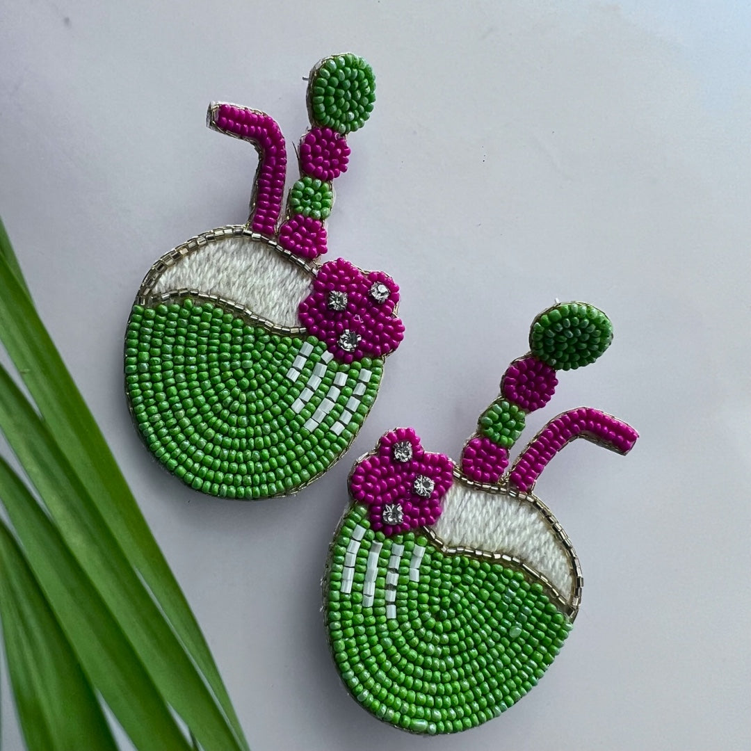 CO CO GREEN FABRIC AND BEADS HANDMADE AND HAND STITCHED EARRING ER500