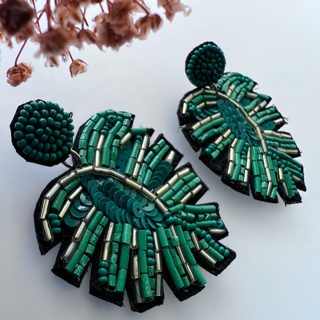 LEAFY LEAF FABRIC AND BEADS HANDMADE EARRING ER501