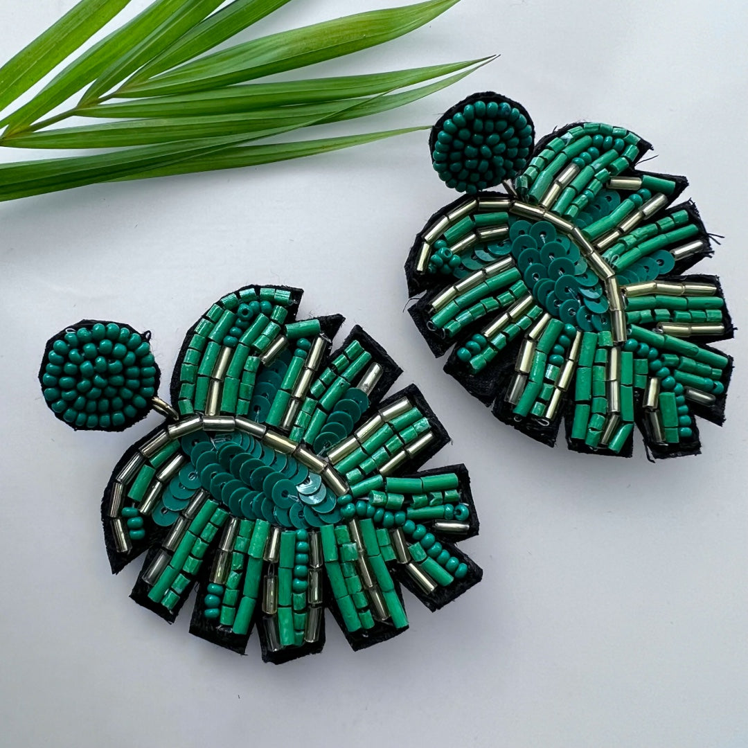 LEAFY LEAF FABRIC AND BEADS HANDMADE EARRING ER501