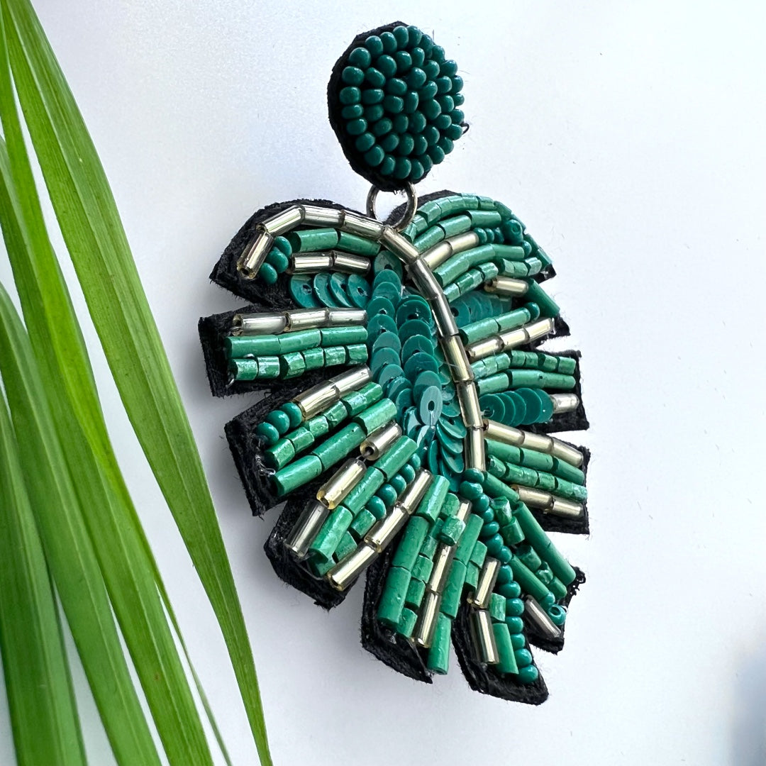 LEAFY LEAF FABRIC AND BEADS HANDMADE EARRING ER501