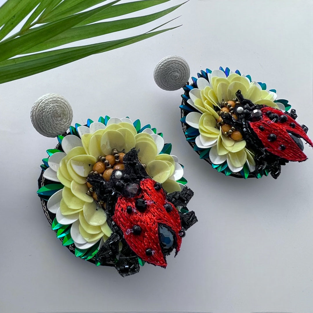 LADY BUG FABRIC AND BEADS HAND STITCHED AND  HANDMADE EARRING ER504