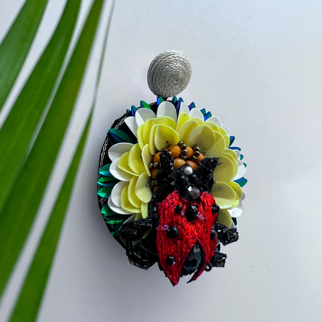 LADY BUG FABRIC AND BEADS HAND STITCHED AND  HANDMADE EARRING ER504