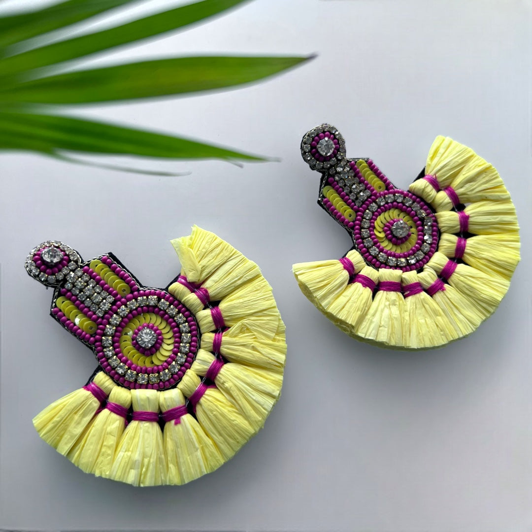 FLORAL STRAW FABRIC AND BEADS HANDMADE EARRING ER505