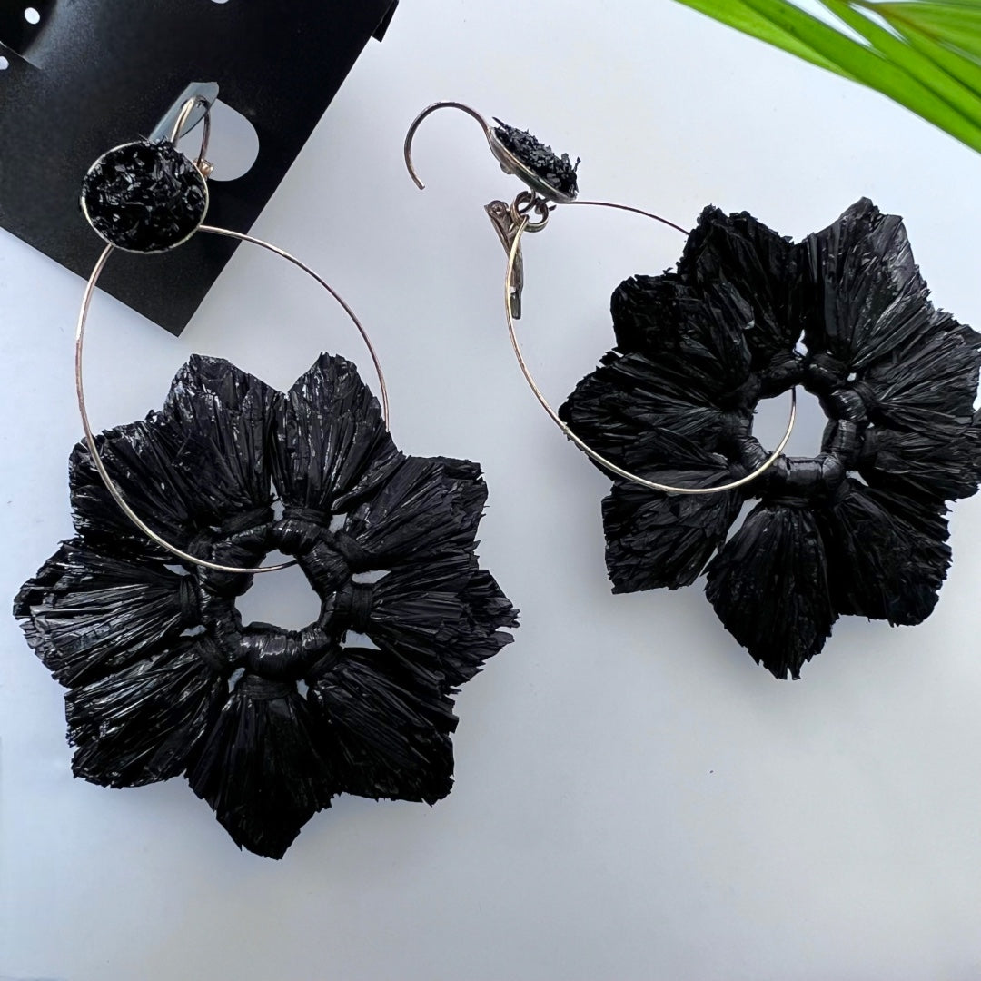 STRAW LOOPY FLORAL FABRIC AND BEADS HANDMADE EARRING ER510