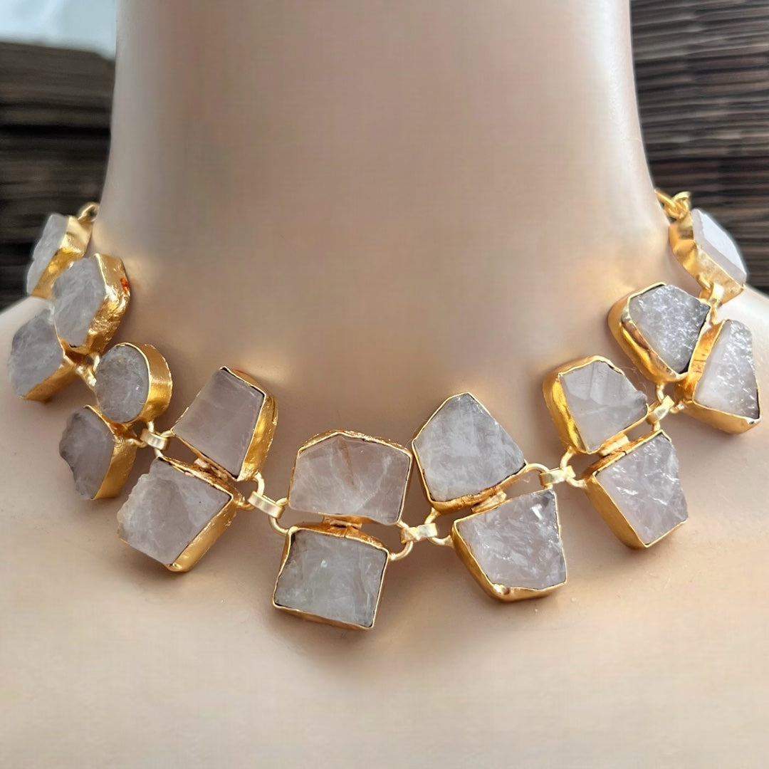 AVA 9 STONE SET HANDMADE HAND HAMMERED RAW STONE NECKPIECE LONG STONE SET WITH EARRING-NL239