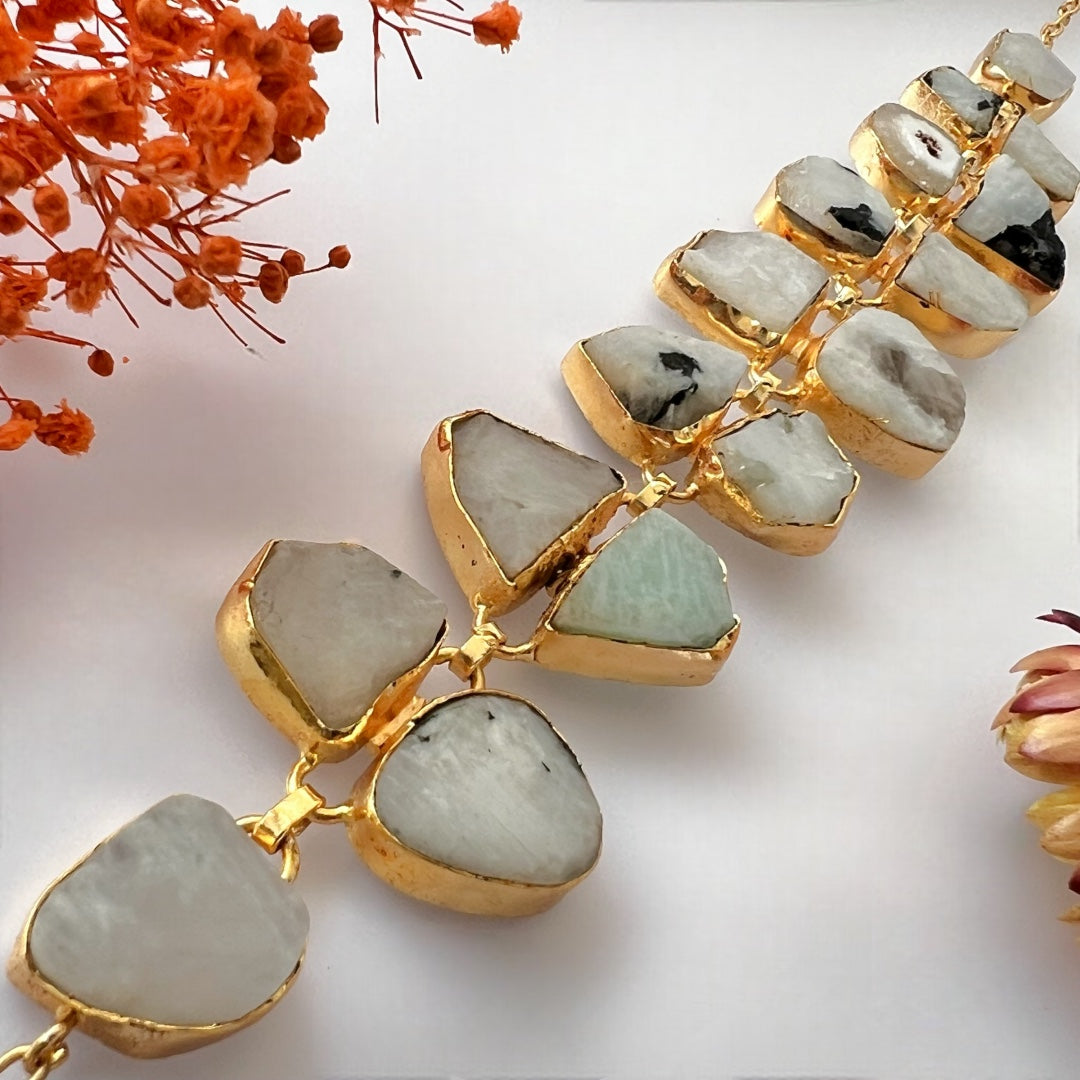 AVA 9 STONE SET HANDMADE HAND HAMMERED RAW STONE NECKPIECE LONG STONE SET WITH EARRING-NL239