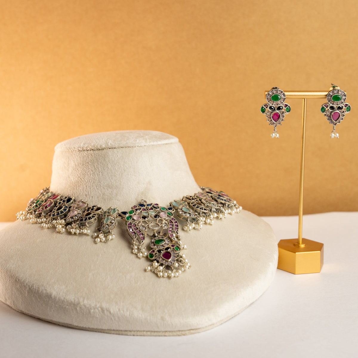 VARDHANA FAUX SILVER PREMIUM SEMI HANDMADE NECKLACE WITH EARRINGS NL127