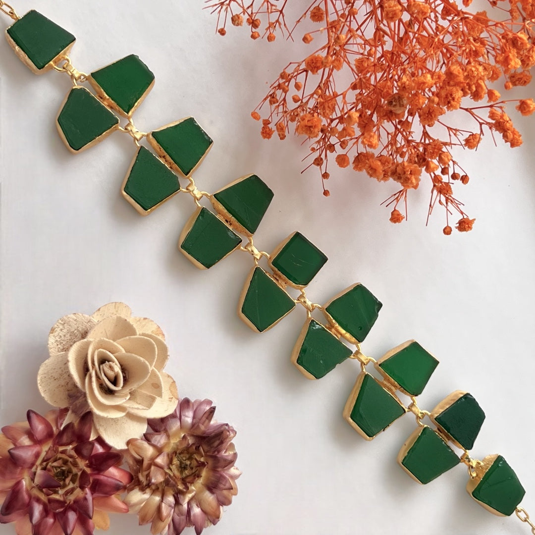 AVA 9 STONE SET HANDMADE HAND HAMMERED RAW STONE NECKPIECE LONG STONE SET WITH EARRING-NL239