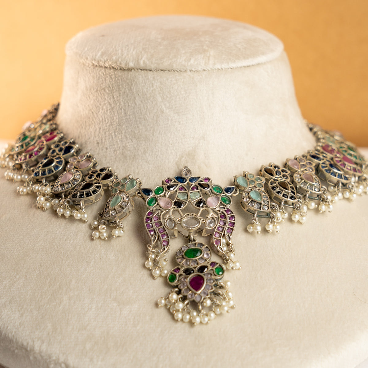 VARDHANA FAUX SILVER PREMIUM SEMI HANDMADE NECKLACE WITH EARRINGS NL127