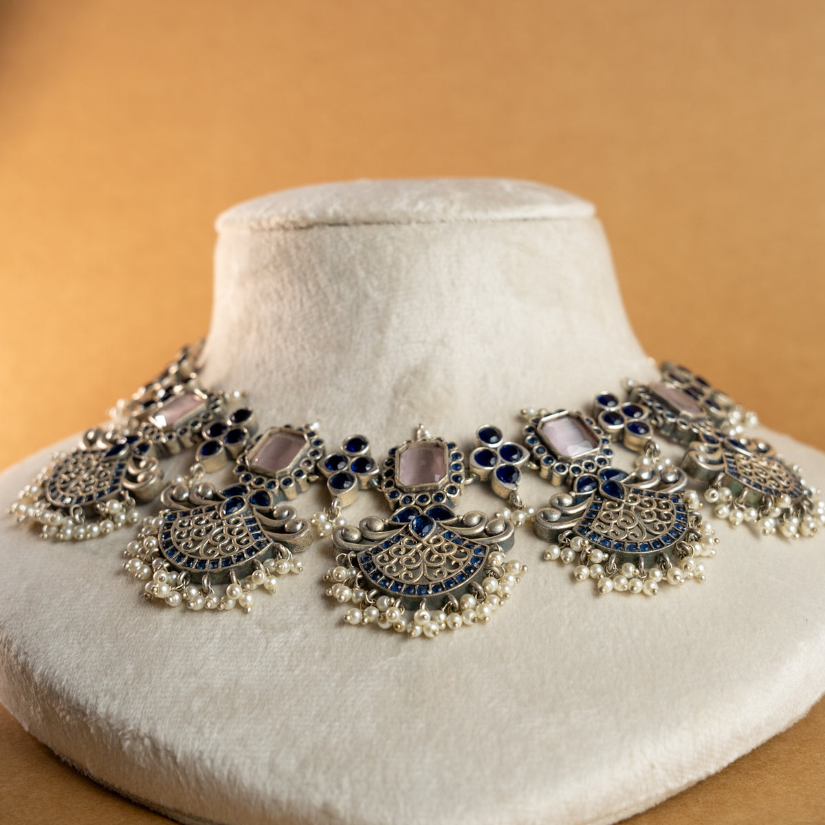 NIMISHA FAUX SILVER PREMIUM SEMI HANDMADE NECKLACE WITH EARRINGS NL126