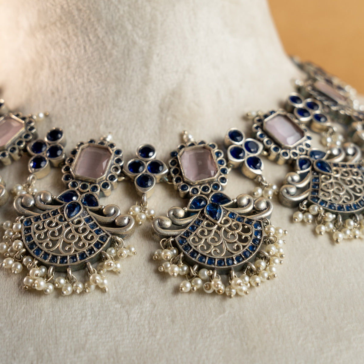 NIMISHA FAUX SILVER PREMIUM SEMI HANDMADE NECKLACE WITH EARRINGS NL126