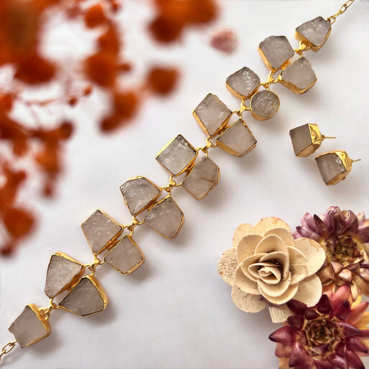 AVA 9 STONE SET HANDMADE HAND HAMMERED RAW STONE NECKPIECE LONG STONE SET WITH EARRING-NL239