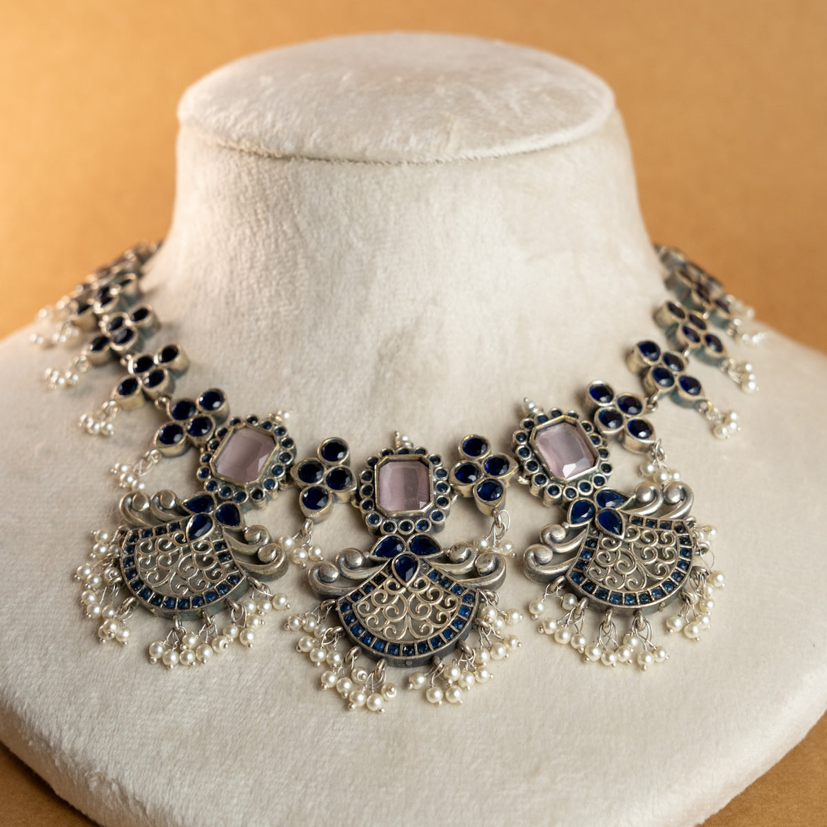 NIMISHA FAUX SILVER PREMIUM SEMI HANDMADE NECKLACE WITH EARRINGS NL126