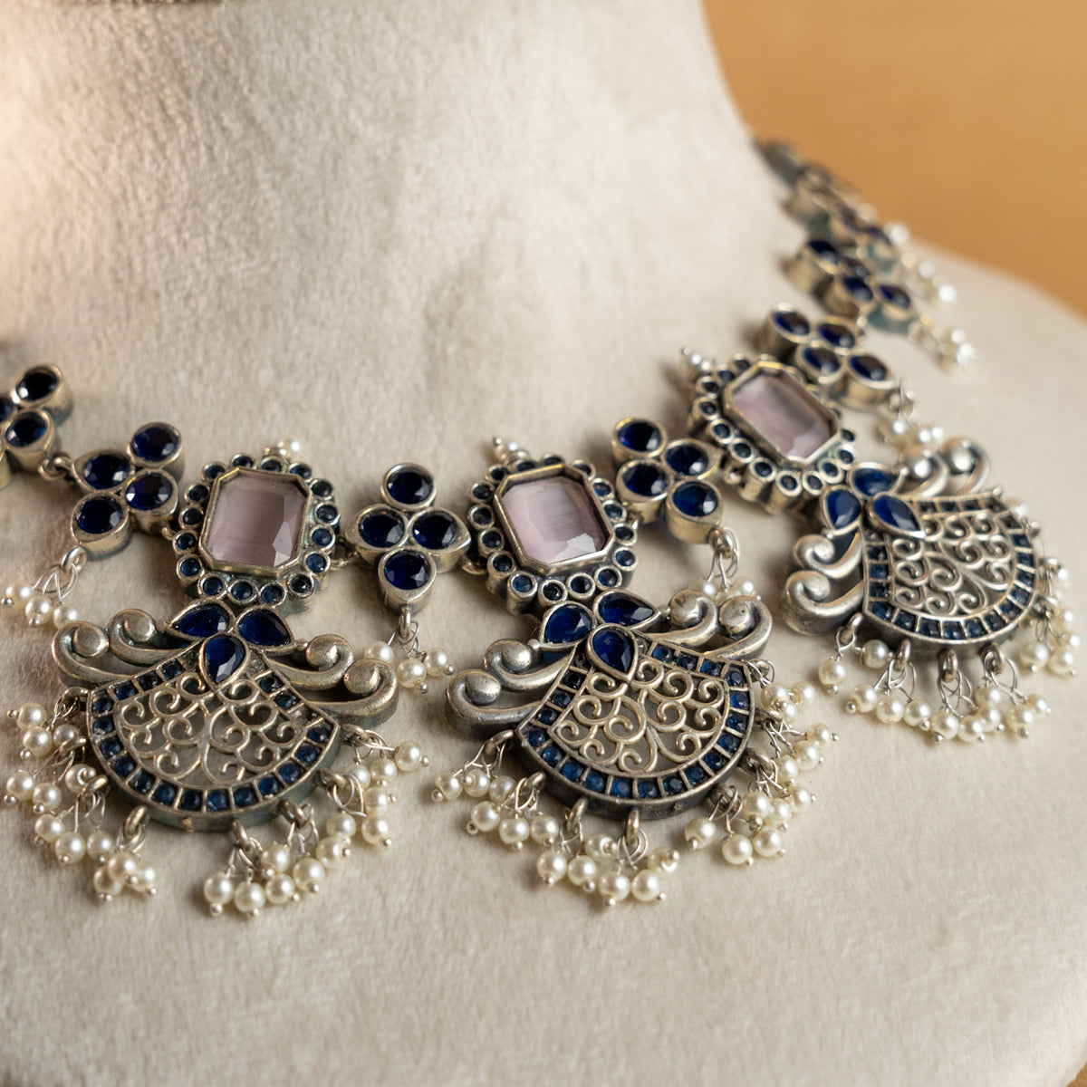 NIMISHA FAUX SILVER PREMIUM SEMI HANDMADE NECKLACE WITH EARRINGS NL126