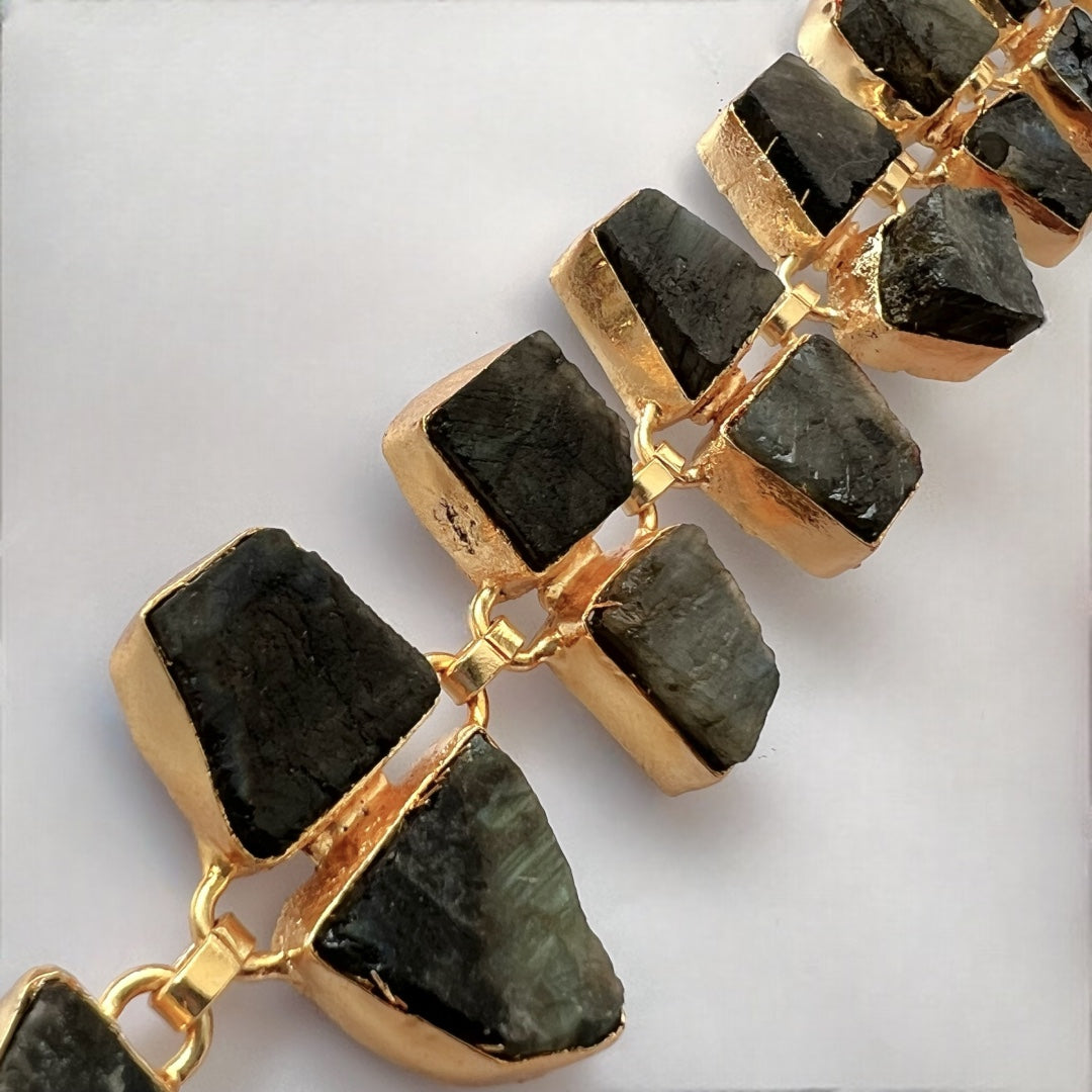 AVA 9 STONE SET HANDMADE HAND HAMMERED RAW STONE NECKPIECE LONG STONE SET WITH EARRING-NL239