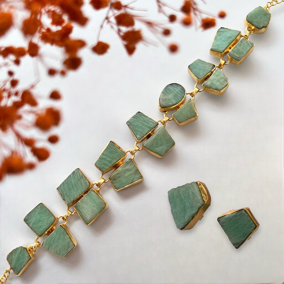 AVA 9 STONE SET HANDMADE HAND HAMMERED RAW STONE NECKPIECE LONG STONE SET WITH EARRING-NL239