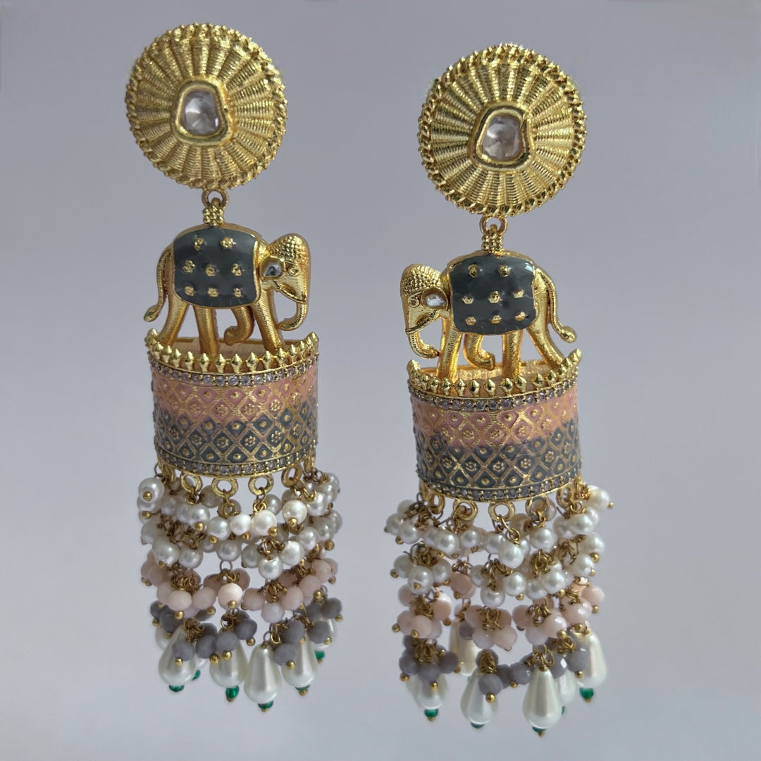 OLIFANT POLKI STUDDED GRACEFUL JHUMKAS-HAND PAINTED-ER98