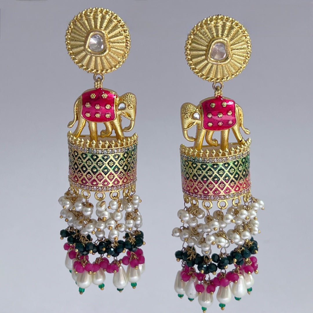 OLIFANT POLKI STUDDED GRACEFUL JHUMKAS-HAND PAINTED-ER98