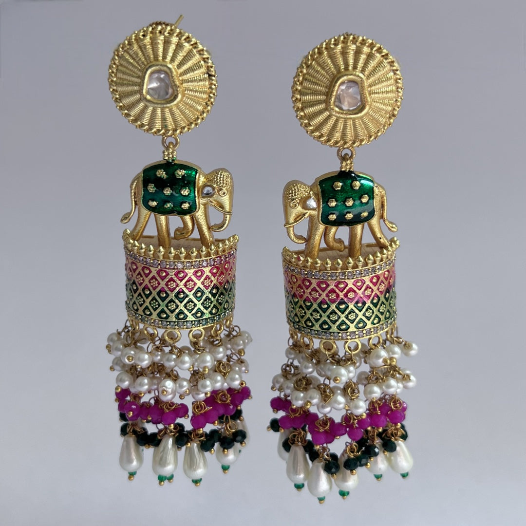 OLIFANT POLKI STUDDED GRACEFUL JHUMKAS-HAND PAINTED-ER98