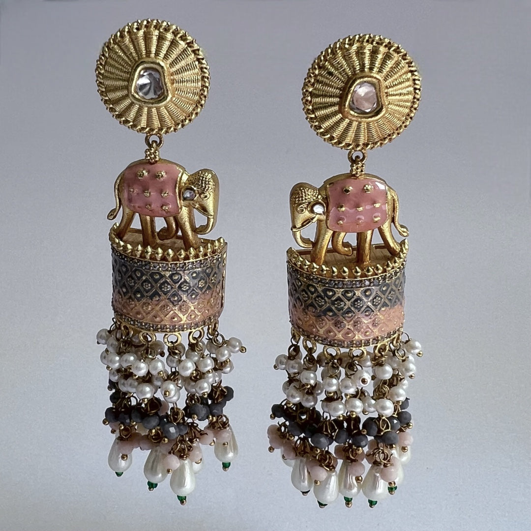 OLIFANT POLKI STUDDED GRACEFUL JHUMKAS-HAND PAINTED-ER98