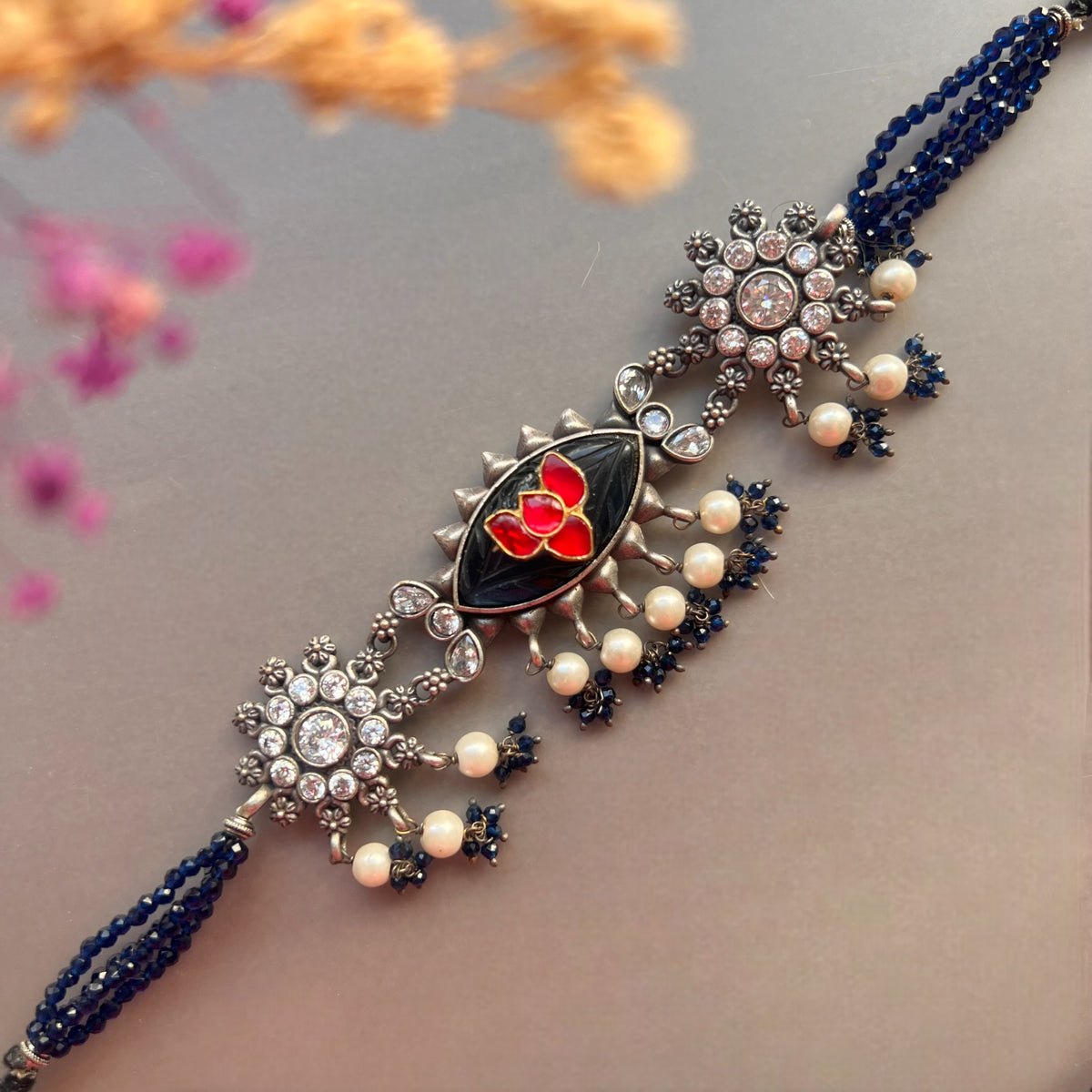 MEDHA SILVER LOOK ALIKE AND RUSTIC FINISH SEMI HANDMADE CHOKER WITH EARRINGS CH493