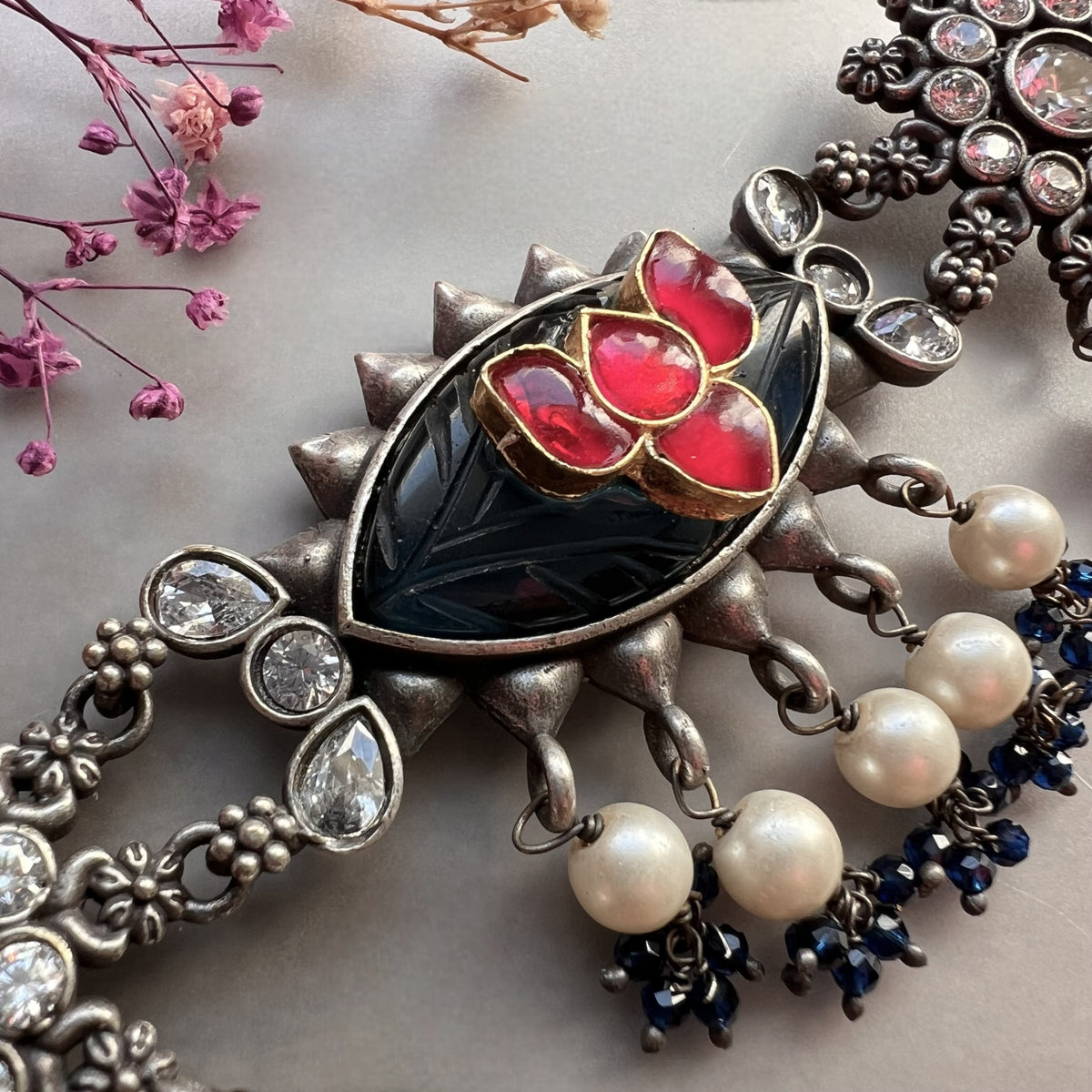 MEDHA SILVER LOOK ALIKE AND RUSTIC FINISH SEMI HANDMADE CHOKER WITH EARRINGS CH493