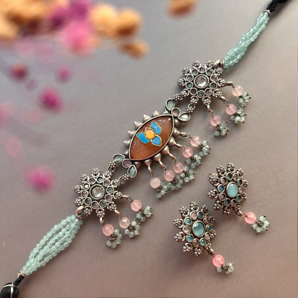 MEDHA SILVER LOOK ALIKE AND RUSTIC FINISH SEMI HANDMADE CHOKER WITH EARRINGS CH493