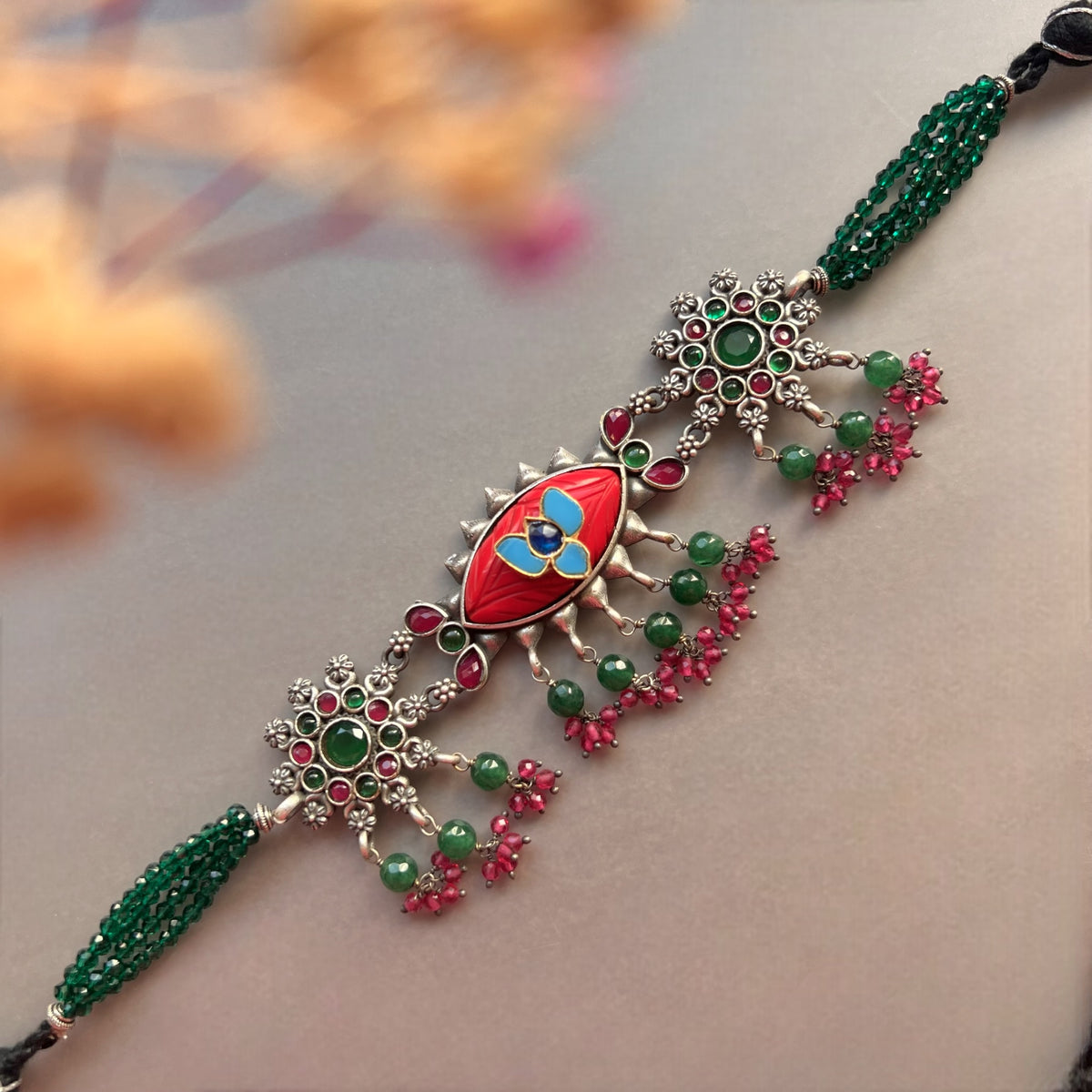 MEDHA SILVER LOOK ALIKE AND RUSTIC FINISH SEMI HANDMADE CHOKER WITH EARRINGS CH493