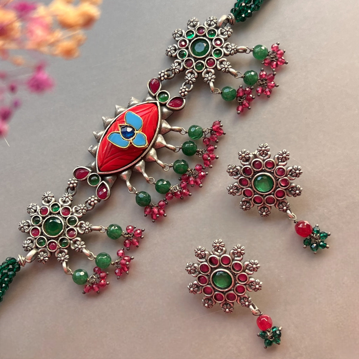 MEDHA SILVER LOOK ALIKE AND RUSTIC FINISH SEMI HANDMADE CHOKER WITH EARRINGS CH493