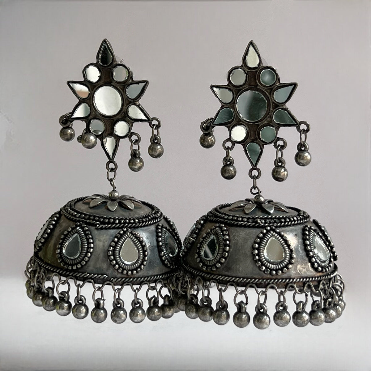 MUMTA AFGHANI RAW AND RUSTIC AND VINTAGE MIRROR JHUMKAS AF20