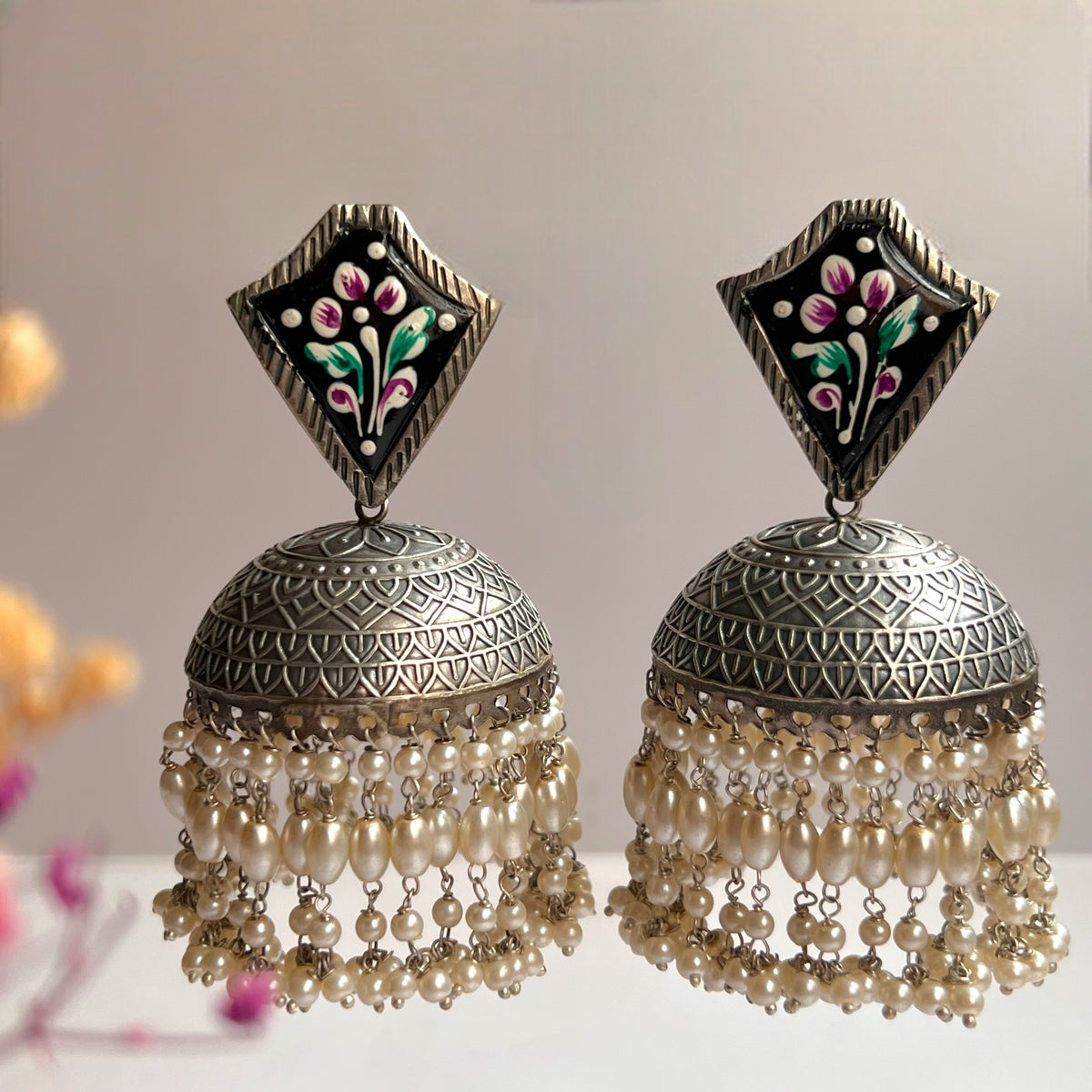 NILISHA SILVER LOOK ALIKE RAW AND RUSTIC HANDMADE AND HAND PAINTED JHUMKA EARRINGS ER633