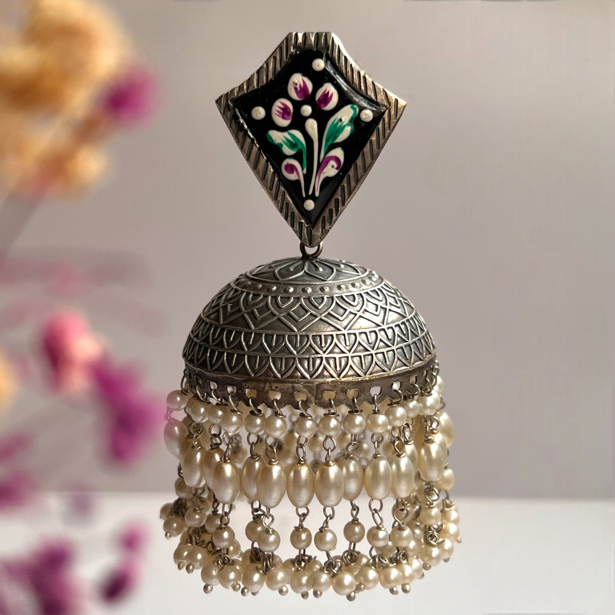 NILISHA SILVER LOOK ALIKE RAW AND RUSTIC HANDMADE AND HAND PAINTED JHUMKA EARRINGS ER633