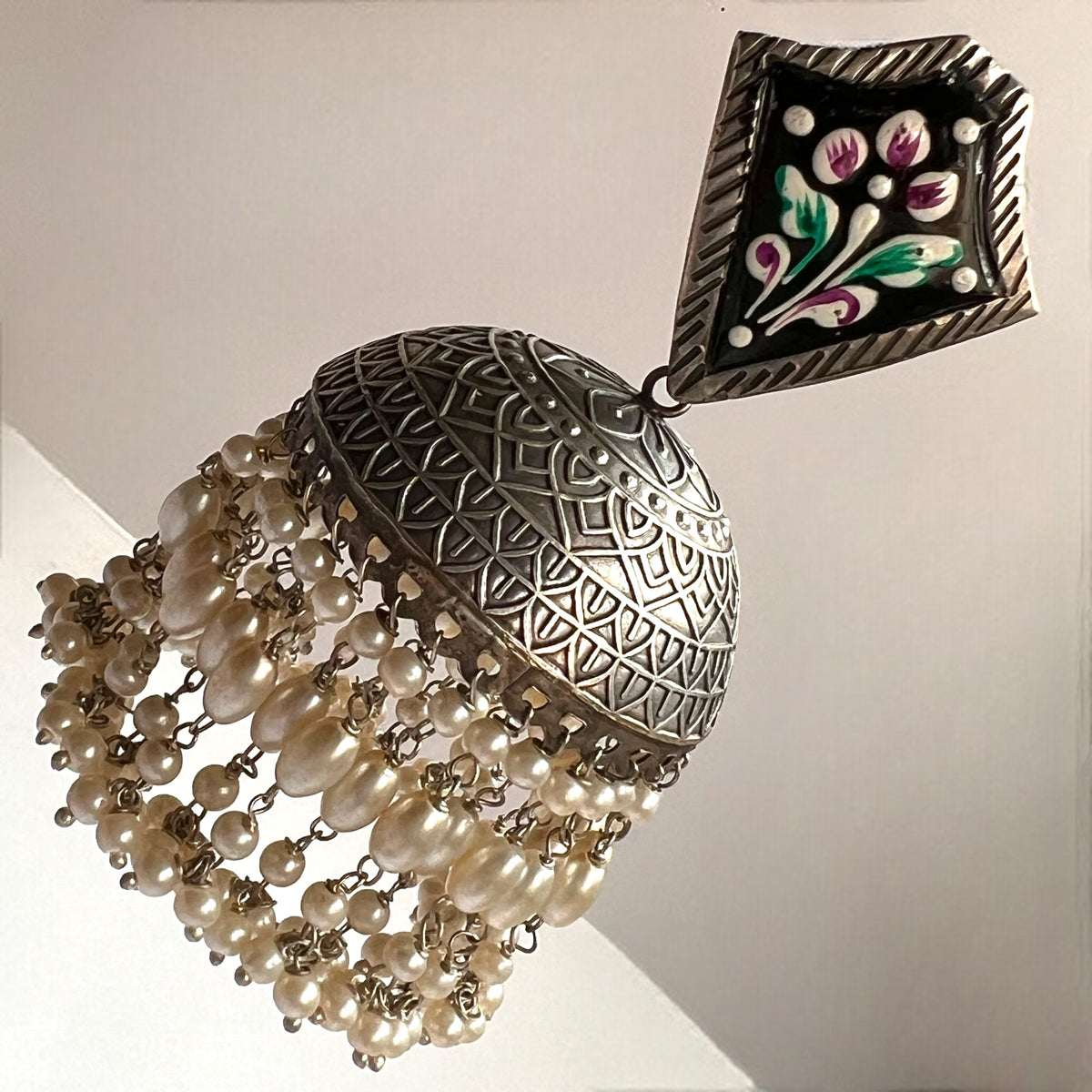 NILISHA SILVER LOOK ALIKE RAW AND RUSTIC HANDMADE AND HAND PAINTED JHUMKA EARRINGS ER633