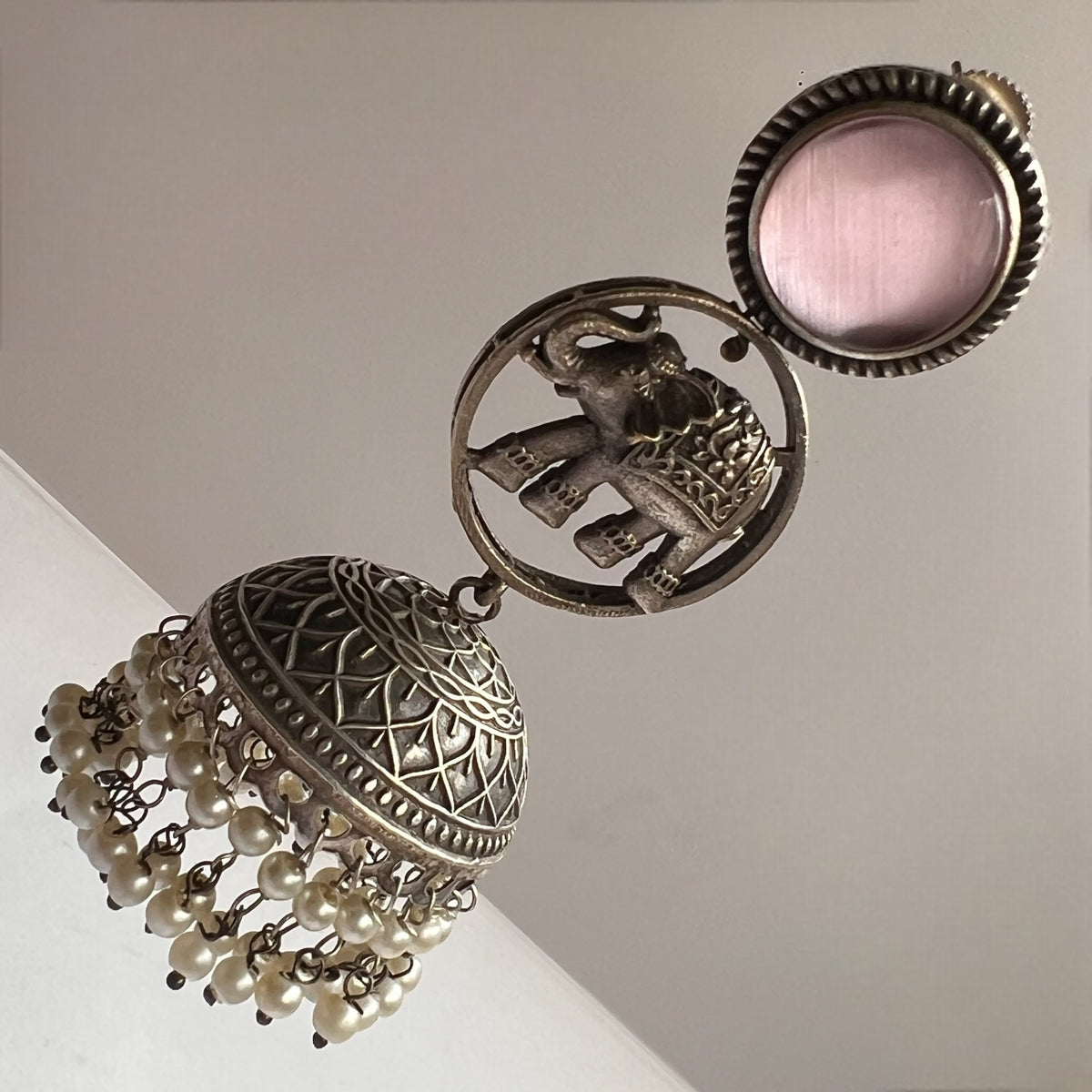 CHARVI FAUX SILVER RAW AND RUSTIC SEMI HANDMADE MONALISA STONE JHUMKAS/ EARRINGS ER654