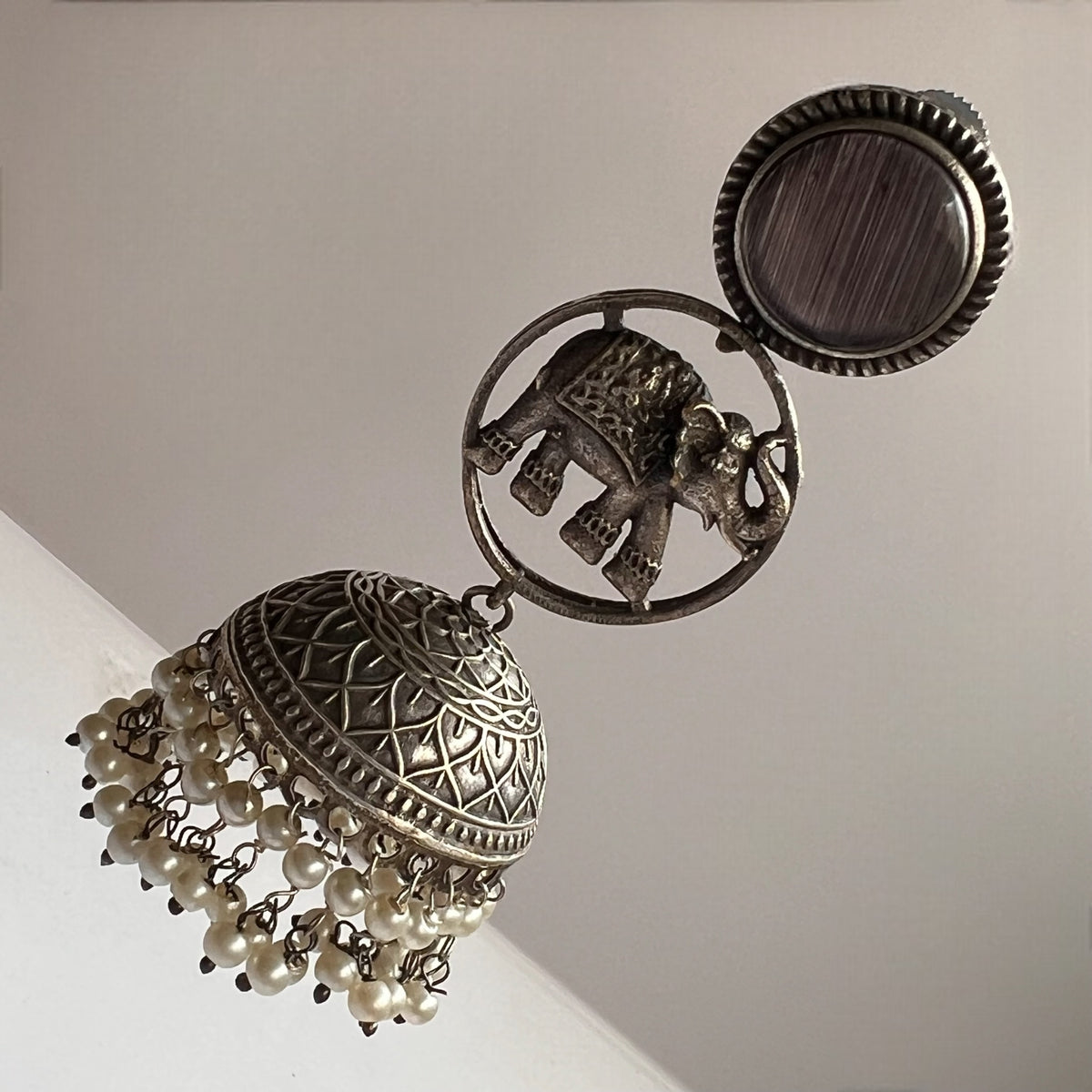 CHARVI FAUX SILVER RAW AND RUSTIC SEMI HANDMADE MONALISA STONE JHUMKAS/ EARRINGS ER654