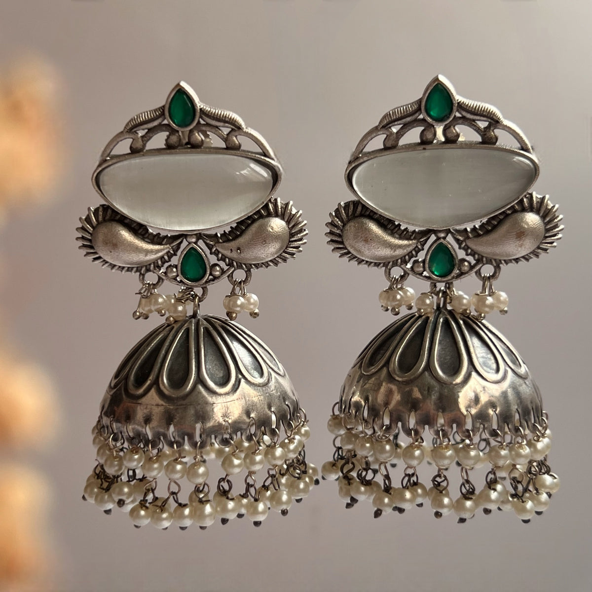 KICHARA FAUX SILVER RAW AND RUSTIC SEMI HANDMADE MONALISA STONE JHUMKAS/ EARRINGS ER651