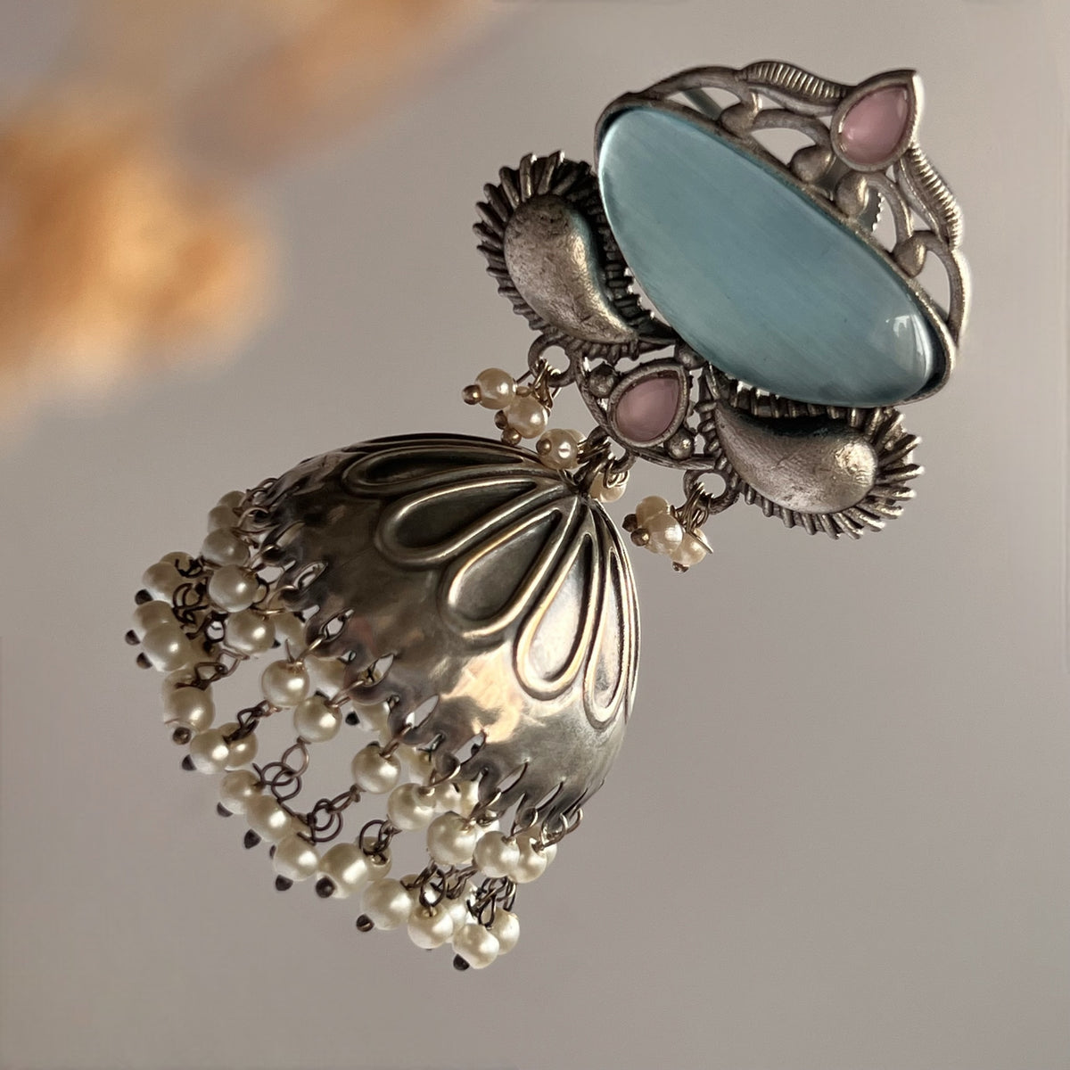 KICHARA FAUX SILVER RAW AND RUSTIC SEMI HANDMADE MONALISA STONE JHUMKAS/ EARRINGS ER651