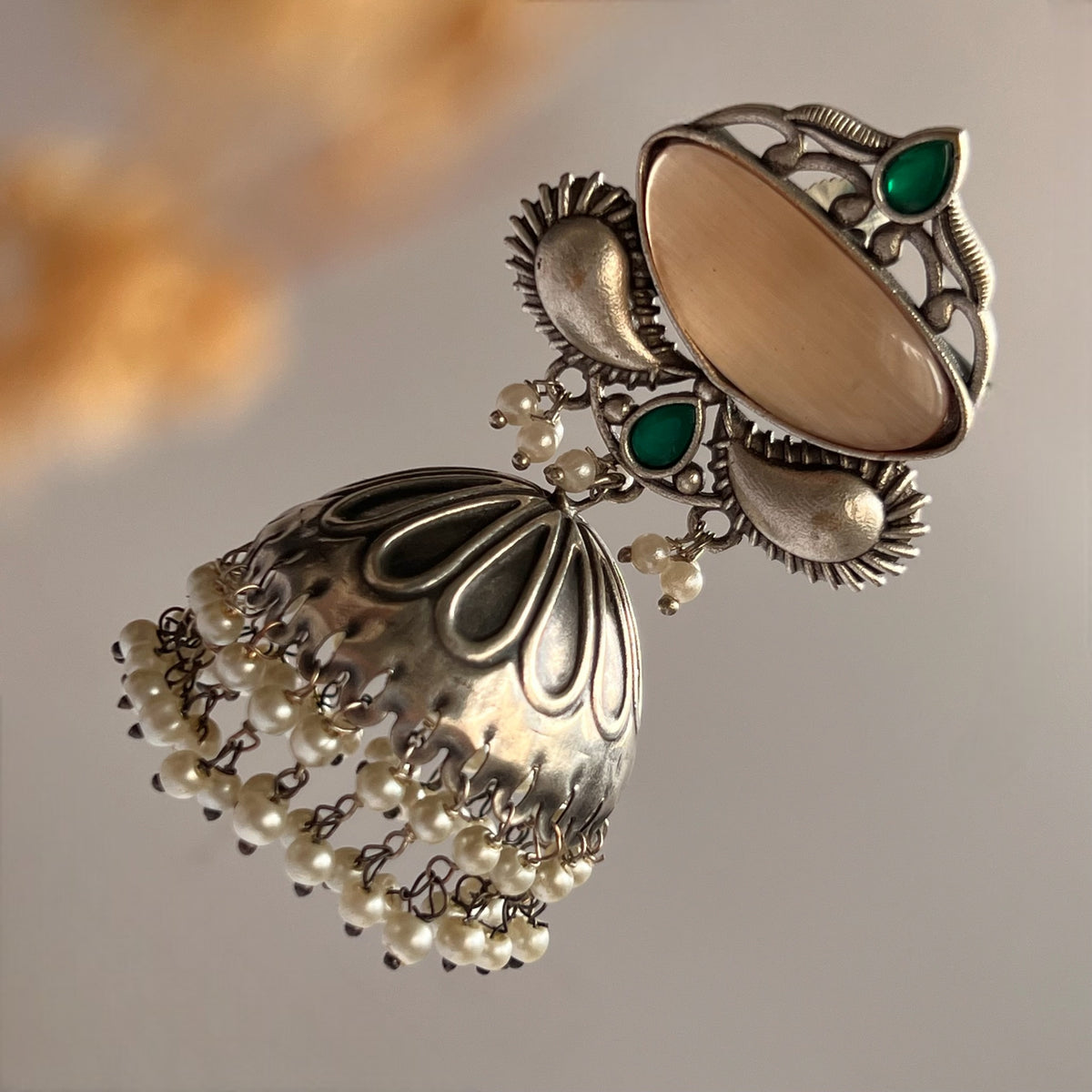 KICHARA FAUX SILVER RAW AND RUSTIC SEMI HANDMADE MONALISA STONE JHUMKAS/ EARRINGS ER651