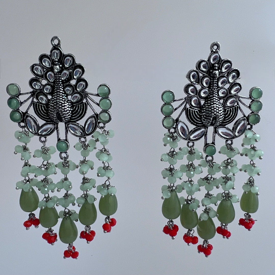 PAVO PEACOCK SEMI HANDMADE OXIDIZED BEADED EARRING ER119